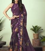 Purple printed chiffon saree with blouse