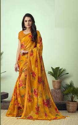 Yellow printed chiffon saree with blouse 1