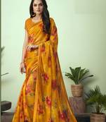 Yellow printed chiffon saree with blouse