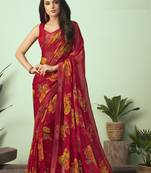 Red printed chiffon saree with blouse