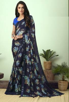 Blue printed chiffon saree with blouse 1