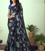 Blue printed chiffon saree with blouse