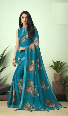 Blue printed chiffon saree with blouse 1