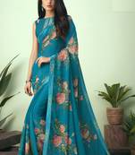 Blue printed chiffon saree with blouse