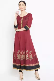Maroon printed cotton kurtas-and-kurtis