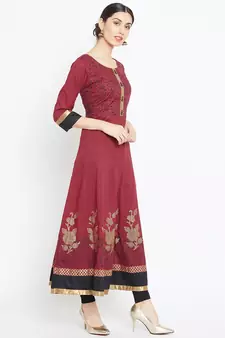Maroon printed cotton kurtas-and-kurtis