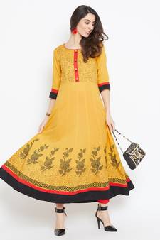 Yellow printed cotton kurtas-and-kurtis