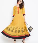 Yellow printed cotton kurtas-and-kurtis
