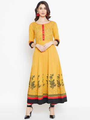 Yellow printed cotton kurtas-and-kurtis 2