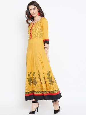 Yellow printed cotton kurtas-and-kurtis 3