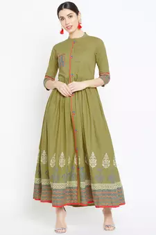 Green printed cotton kurtas-and-kurtis