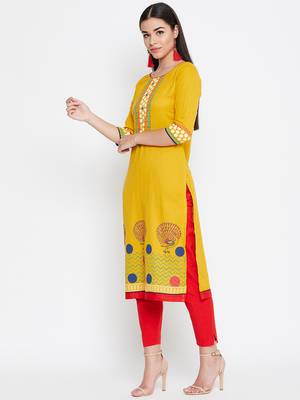 Yellow printed cotton kurtas-and-kurtis 3