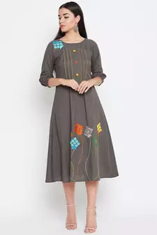 Grey embroidered cotton kurtas-and-kurtis
