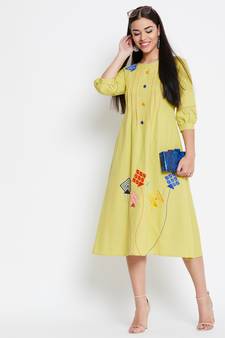 Yellow embroidered cotton kurtas-and-kurtis