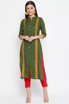 Green embroidered rayon kurtas-and-kurtis