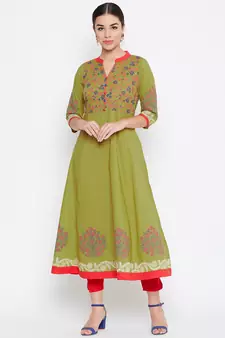 Green printed cotton kurtas-and-kurtis