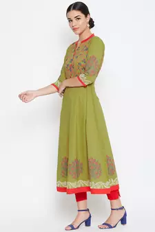 Green printed cotton kurtas-and-kurtis