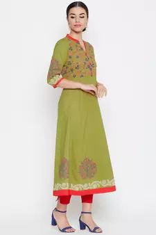 Green printed cotton kurtas-and-kurtis