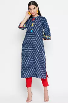 Blue embroidered cotton kurtas-and-kurtis