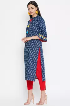 Blue embroidered cotton kurtas-and-kurtis