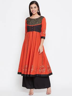 Orange printed cotton kurtas-and-kurtis 2