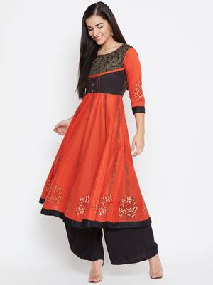 Orange printed cotton kurtas-and-kurtis 3