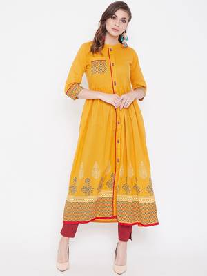 Yellow printed cotton kurtas-and-kurtis 1