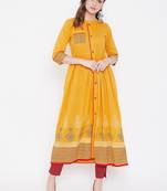 Yellow printed cotton kurtas-and-kurtis