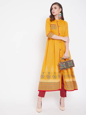 Yellow printed cotton kurtas-and-kurtis 2
