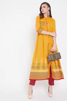 Yellow printed cotton kurtas-and-kurtis