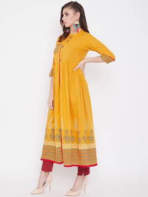 Yellow printed cotton kurtas-and-kurtis 3