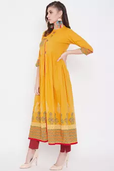 Yellow printed cotton kurtas-and-kurtis