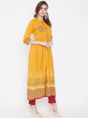 Yellow printed cotton kurtas-and-kurtis 4