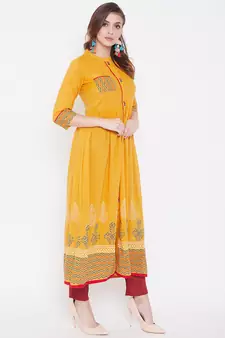Yellow printed cotton kurtas-and-kurtis