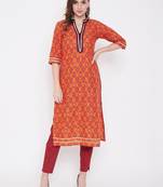 Orange printed cotton kurtas-and-kurtis