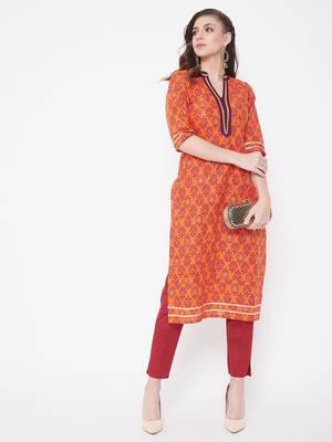 Orange printed cotton kurtas-and-kurtis 2