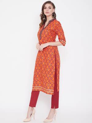 Orange printed cotton kurtas-and-kurtis 3
