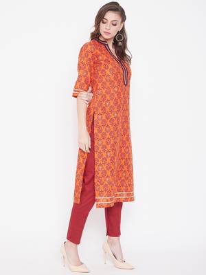 Orange printed cotton kurtas-and-kurtis 4