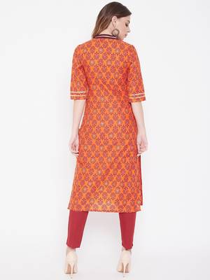 Orange printed cotton kurtas-and-kurtis 5