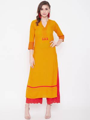 Yellow embroidered rayon kurtas-and-kurtis 3