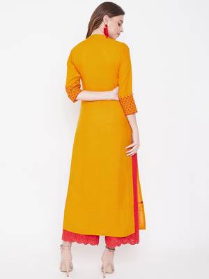 Yellow embroidered rayon kurtas-and-kurtis 5