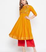Yellow embroidered rayon kurtas-and-kurtis