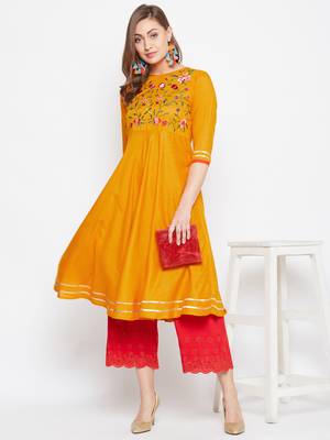 Yellow embroidered rayon kurtas-and-kurtis 2