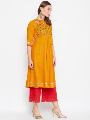 Yellow embroidered rayon kurtas-and-kurtis 4