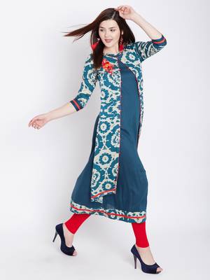 Teal blue printed rayon kurtas-and-kurtis 1