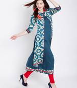 Teal blue printed rayon kurtas-and-kurtis