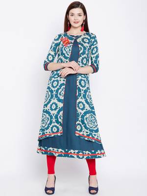 Teal blue printed rayon kurtas-and-kurtis 2