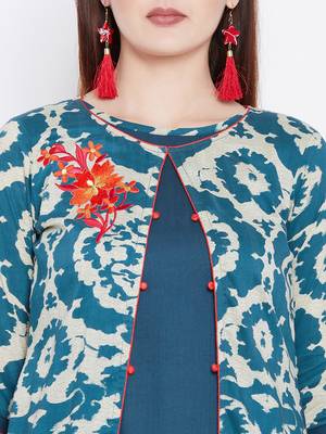 Teal blue printed rayon kurtas-and-kurtis 5
