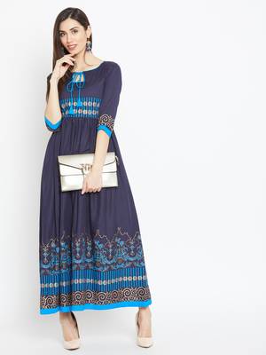 Navy blue printed cotton kurtas-and-kurtis 1