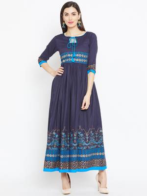 Navy blue printed cotton kurtas-and-kurtis 2